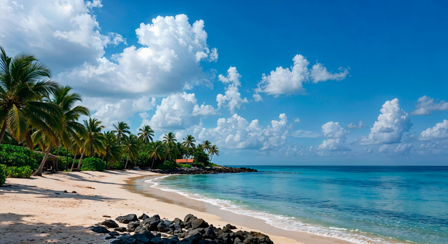 Palm-lined beach and turquoise Caribbean water in the Dominican Republic