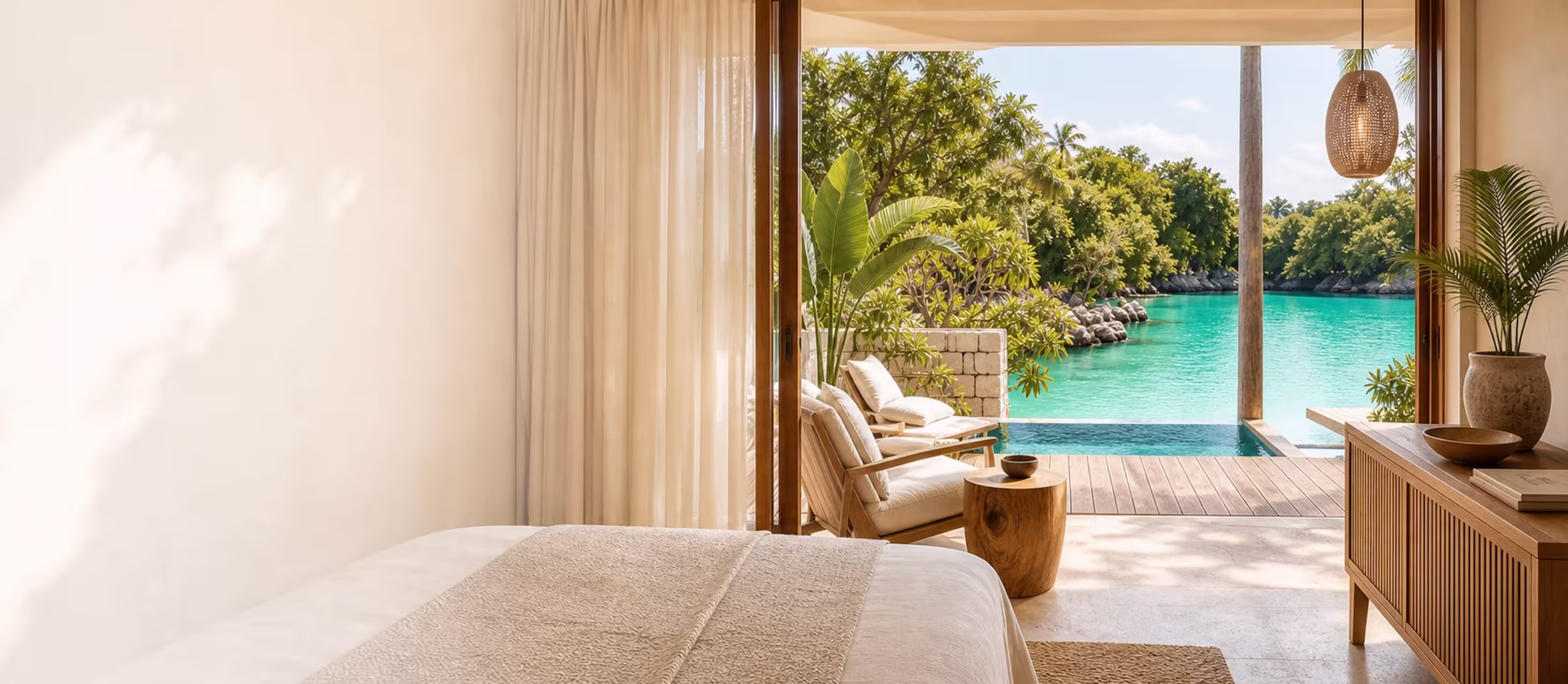 Luxury Caribbean resort suite overlooking turquoise water