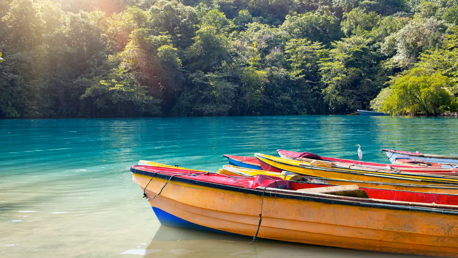Colorful boats on a tropical lagoon in Jamaica